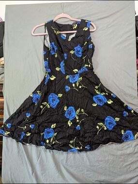 Black Floral Fit-and-Flare Dress with Blue Roses Vintage Pinup Style